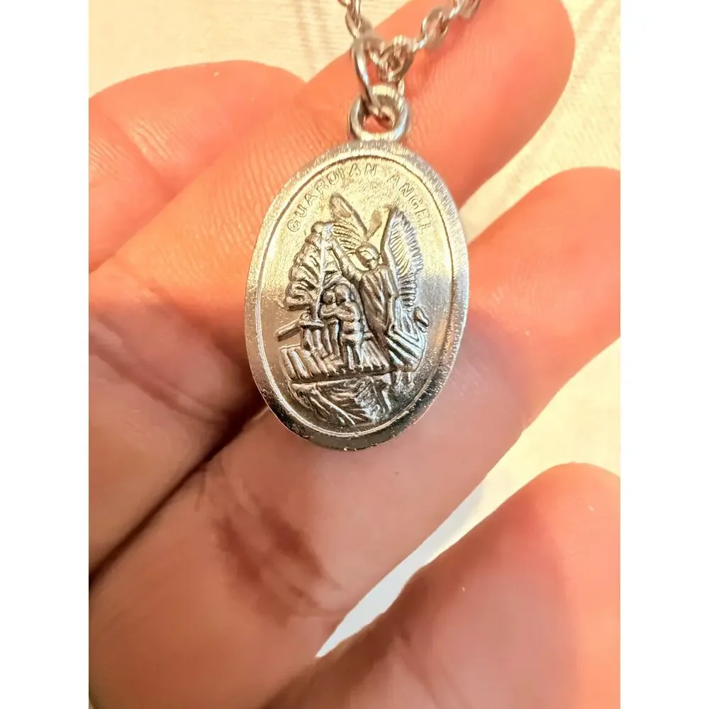 Vintage Guardian Angel Medal Necklace 20”